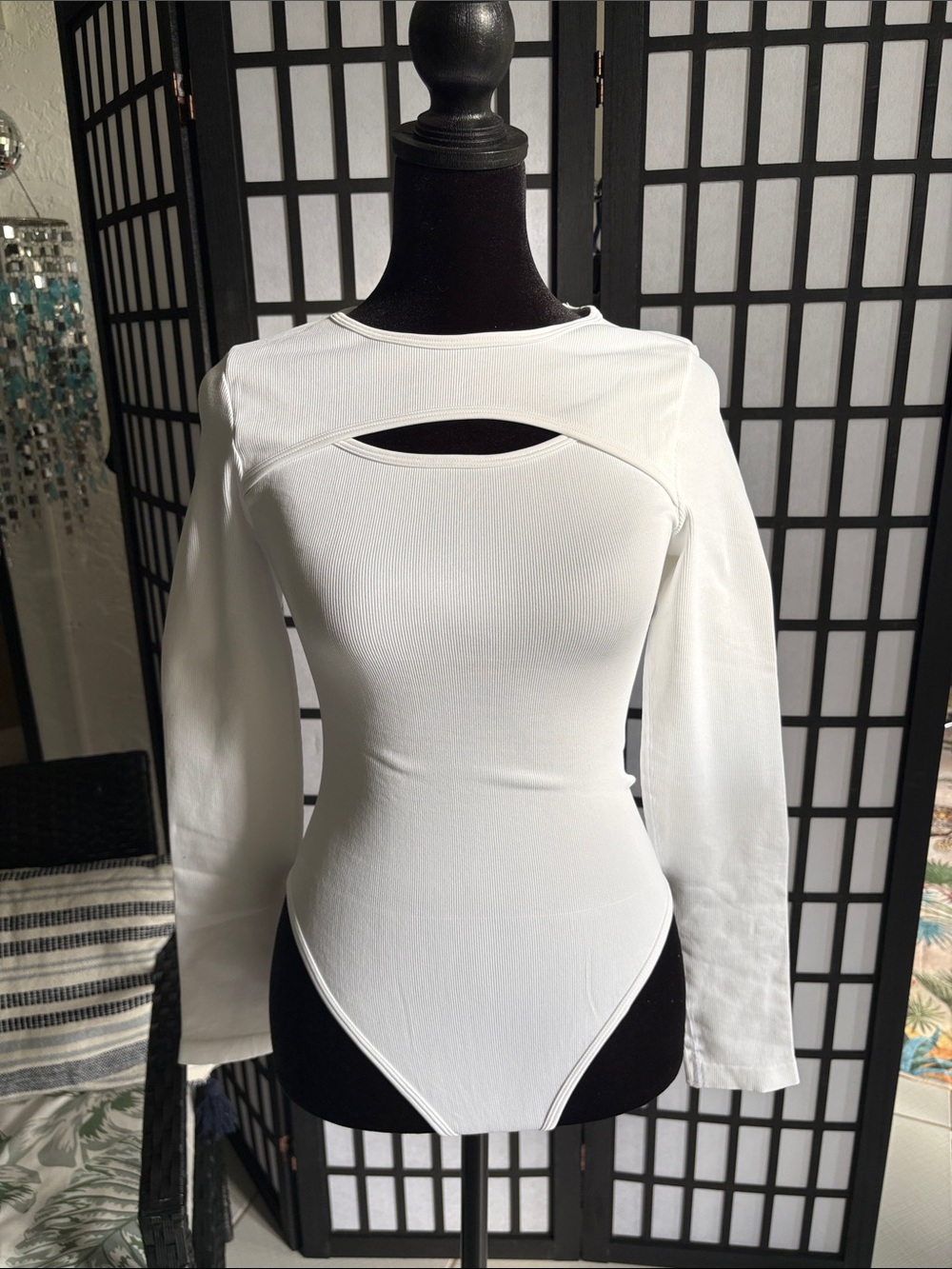 White Long-Sleeve Cutout Bodysuit